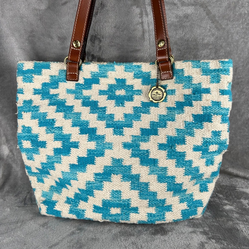 Patricia Nash 10th Anniversary Woven Tote Bag Turquoise Blue Geometric Beachy